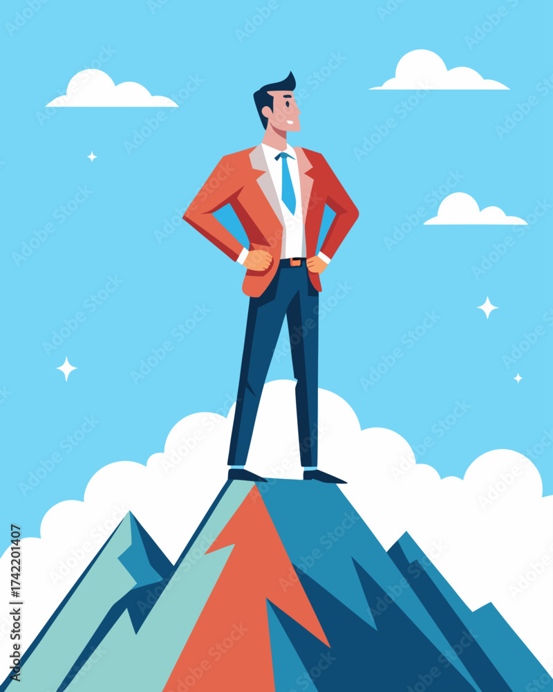 Fototapeta premium Businessman Standing on Mountain Peak Looking Ahead – Success Concept.