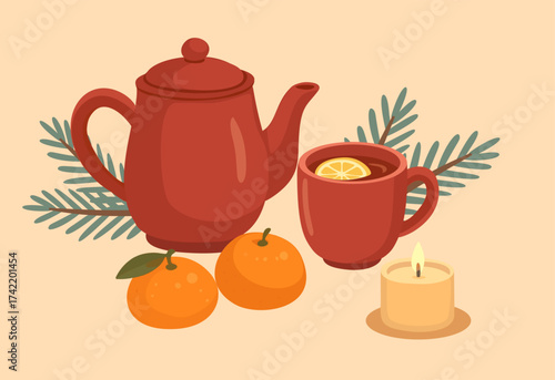 Flat cozy illustration with teapot, cup and fresh mandarins, candle light and fir branches, warm winter composition in minimalist style.
