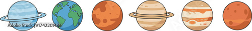 Colorful solar system planets illustration set with Earth, Mars, Saturn, Jupiter, Uranus, Neptune, cosmic astronomy vector icons for education