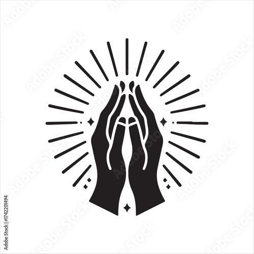 Hands in prayer with light rays vector silhouette sketch art logo illustration