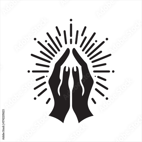Hands in prayer with light rays vector silhouette sketch art logo illustration