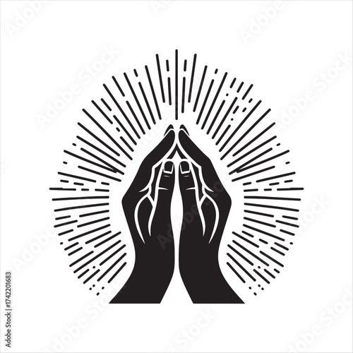Hands in prayer with light rays vector silhouette sketch art logo illustration