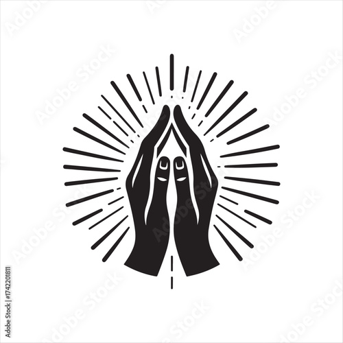 Hands in prayer with light rays vector silhouette sketch art logo illustration
