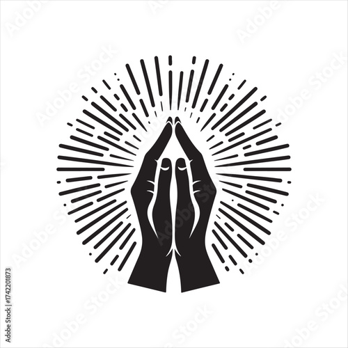 Hands in prayer with light rays vector silhouette sketch art logo illustration