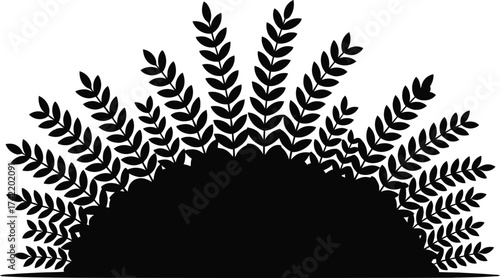 Abstract semicircular sunburst design with radiating leaf like patterns silhouette