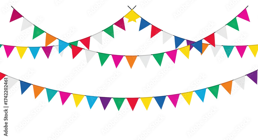 Fototapeta premium Colorful festive triangle bunting flags on black background
