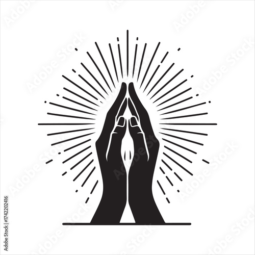 Hands in prayer with light rays vector silhouette sketch art logo illustration