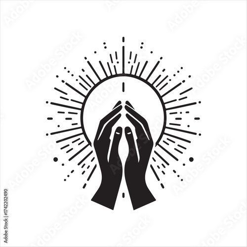 Hands in prayer with light rays vector silhouette sketch art logo illustration