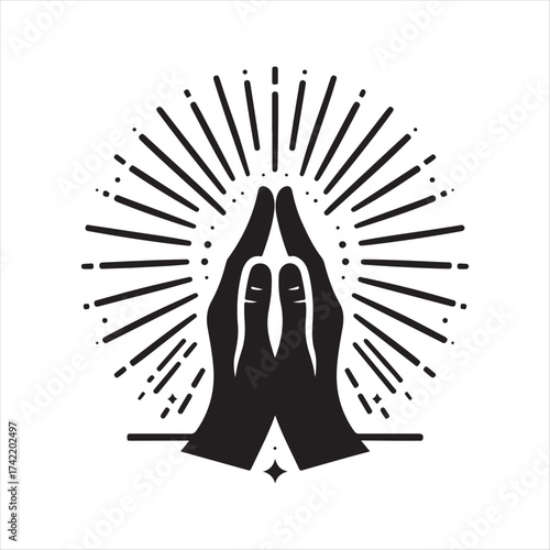 Hands in prayer with light rays vector silhouette sketch art logo illustration