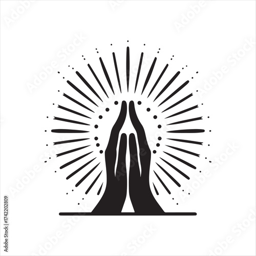 Hands in prayer with light rays vector silhouette sketch art logo illustration