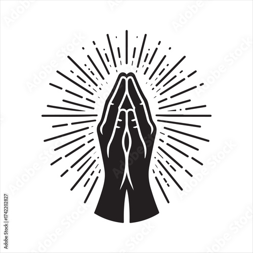 Hands in prayer with light rays vector silhouette sketch art logo illustration