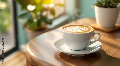 Wallpaper Mural Aromatic cappuccino artfully presented on a wooden table, bathed in soft sunlight, with lush green plants adding a touch of nature to the cozy scene Torontodigital.ca