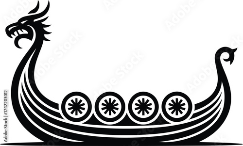 Ancient viking longship with dragon head prow and round shields silhouette