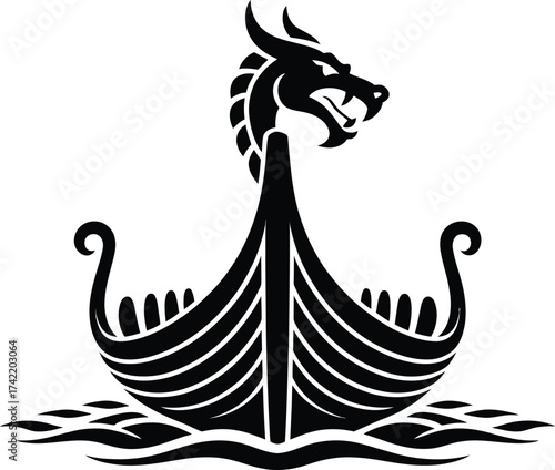 Ancient viking longship with dragon head prow sailing on choppy water silhouette