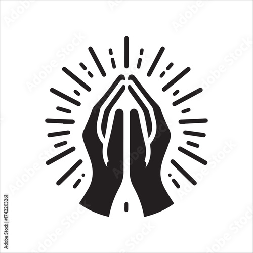 Hands in prayer with light rays vector silhouette sketch art logo illustration