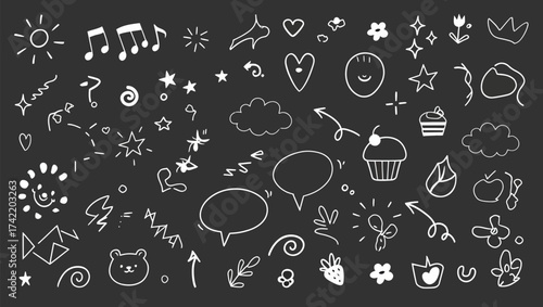 Hand drawn doodle elements vector set, sketchy style, cute drawings, vector illustration, black background vector illustration
