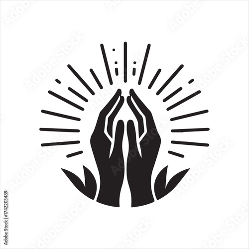 Hands in prayer with light rays vector silhouette sketch art logo illustration