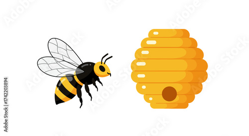Cartoon Bee Flying Towards a Honeycomb Beehive.