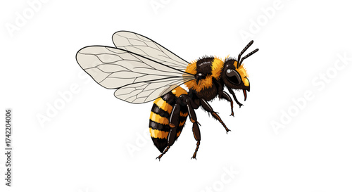 Detailed Illustration of a Honeybee with Striped Abdomen and Translucent Wings.