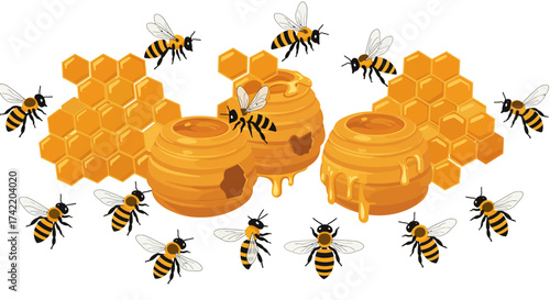 Honeycomb and Honey Pots with Bees Illustration.