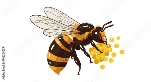 Cartoon Bee Carrying Pollen with Striped Body and Transparent Wings.