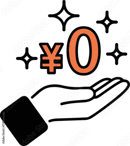 Minimalist icon design of hand holding yen zero symbol with sparkles representing free offer or no cost vector