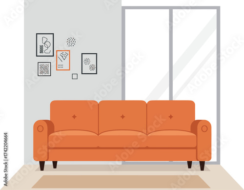 Modern living room scene with orange sofa and wall art beside large window isolated on transparent background