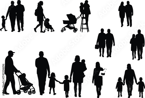 Silhouette family with parents, children, and baby stroller, walking and caring together, black vector icons showing parenting, childcare, and family love illustrations