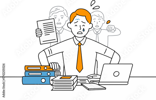 Stressed businessman overwhelmed with work and deadlines at office desk vector