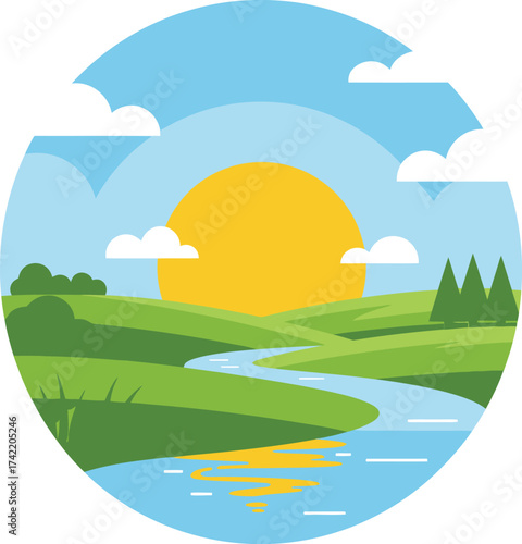 Peaceful sunrise over rolling green hills and flowing river scenic landscape isolated on transparent background