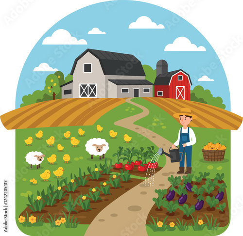 Charming farm scene with farmer and crops rural landscape for general use isolated on transparent background