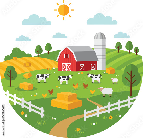 Idyllic rural farm scene with red barn silo cows hay bales and green rolling hills under a sunny sky isolated on transparent background
