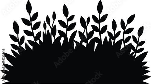 Black silhouette of lush green grass and leafy plants against a white background