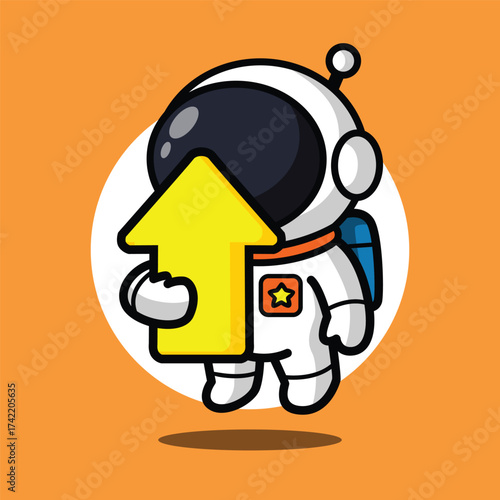 Cute Astronaut Holding Up Arrow Illustration for Space Cartoon Character and Business Growth Concept