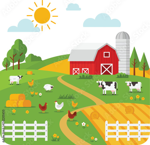 Vibrant farm landscape scene with red barn cows chickens and silo under sunny skies isolated on transparent background