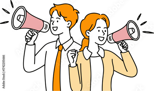 Two people speaking into megaphones announcing news or making an announcement concept art vector