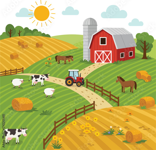 Vibrant farm scene with red barn tractor sheep cows hay bales and sunny sky isolated on transparent background
