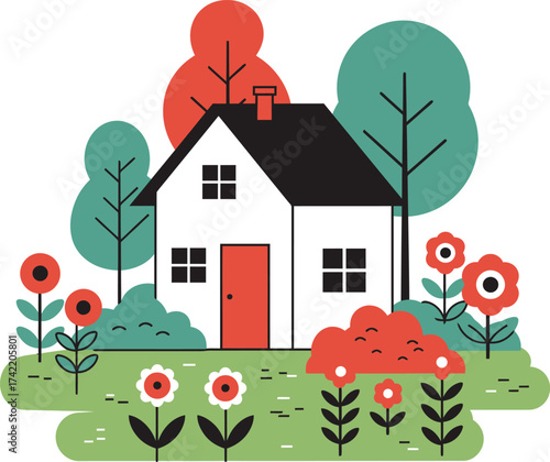 Charming simple house surrounded by lush colorful flowers and green trees a cozy dwelling isolated on transparent background