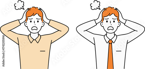 Two men showing distress and frustration with hands on heads in simple line art style vector