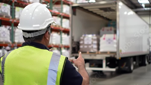 Man in Safety Vest and Hard Hat Inspecting White Truck at Warehouse Loading Bay