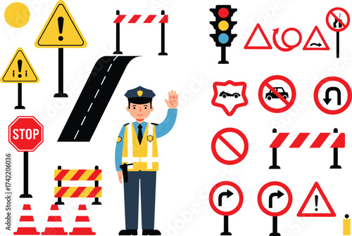 Traffic police officer directing vehicles with stop hand signal, road barriers, traffic cones, stop sign, warning signs, no entry and U-turn prohibition illustration