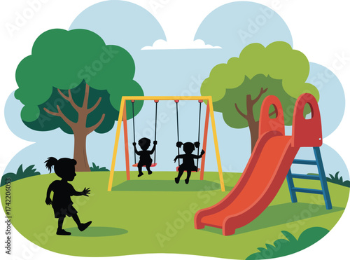 Children playing on a vibrant playground with swings and a slide silhouette