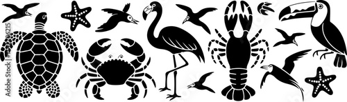 Collection of stylized blue marine and tropical wildlife silhouettes against a subtle textured background vector