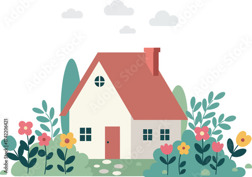 Charming cottage home surrounded by lush flowers and greenery on a sunny day isolated on transparent background