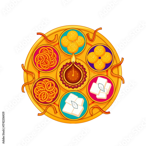 Indian Food Thali with Sweets and Dishes Vector Illustration, Traditional Festival Meal Served on Round Plate with Colorful Decoration