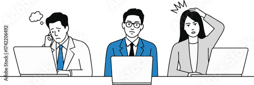 Diverse business professionals experiencing stress work burnout and frustration working on laptops vector