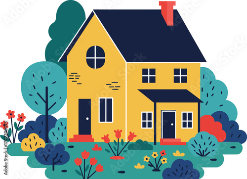 Charming yellow house surrounded by lush greenery and colorful flowers in a peaceful setting isolated on transparent background
