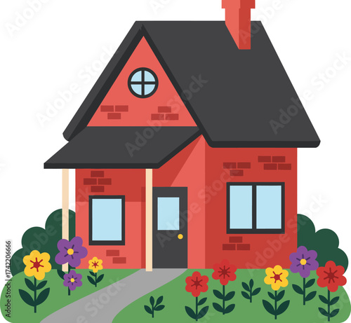 Charming red house with colorful garden inviting warmth and homey atmosphere isolated on transparent background