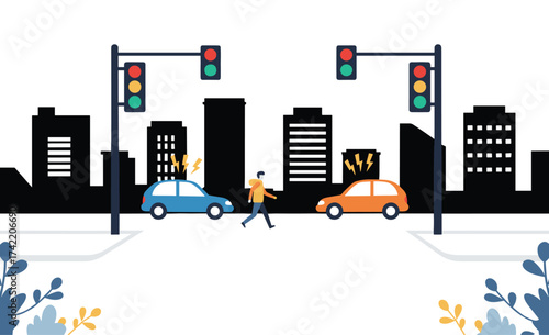 Urban traffic accident illustration with two cars colliding at intersection, pedestrian crossing, traffic lights, city skyline, road safety awareness, vehicle crash