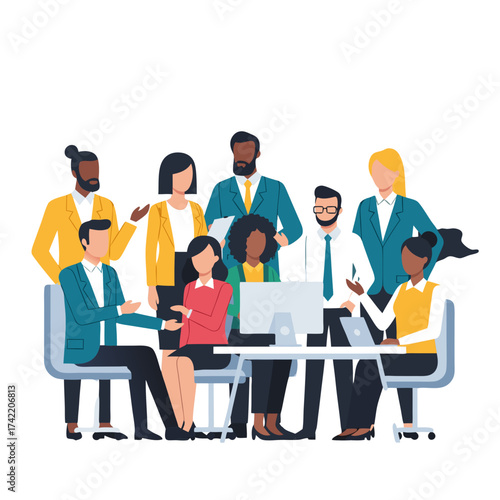 Business Team Working Together in Office Vector Illustration, Corporate People Collaboration and Modern Workplace Communication Scene